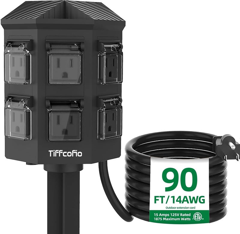 Tiffcofio Outdoor Power Strip with Stake Waterproof, 90 FT Extension Cord, 6 Grounded Outlets for Outdoor Lights, 14 AWG, 15A/1875W, ETL Listed - Image 1